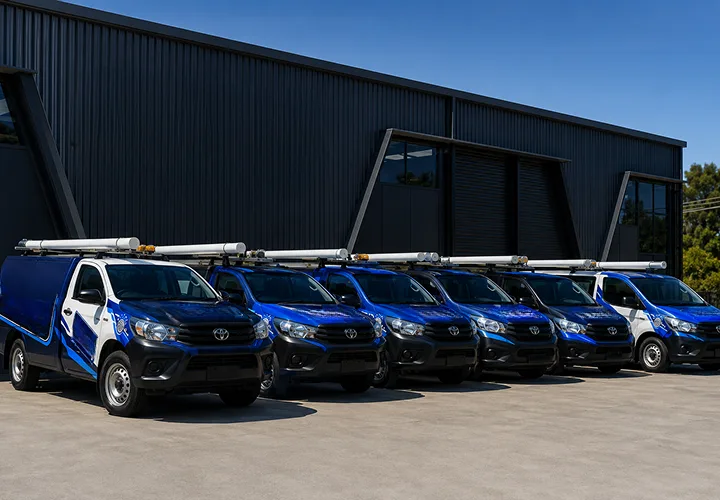 Our plumbing vans lined up before a Doonside shift