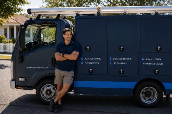 Plumber standing beside a service van in Doonside