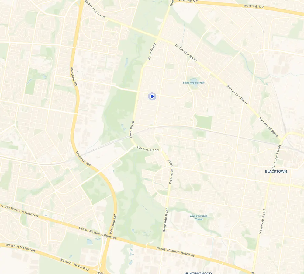Map of the Doonside service area and the surrounding Western Sydney, showing Doonside and the nearby streets we cover.