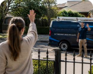 Customer waving goodbye to a Doonside Blocked Drains plumber